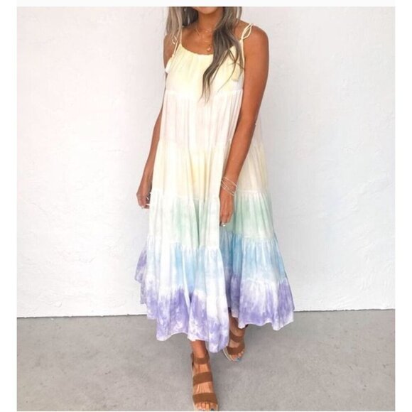 Storia Pastel Tie-Dye Tiered Maxi Dress NWT Medium | Resort Boho Flowing - Picture 2 of 13